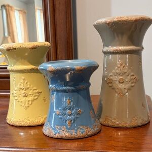 Southern Living At Home Ceramic Candle Holders - Yellow, Blue, taupe.
